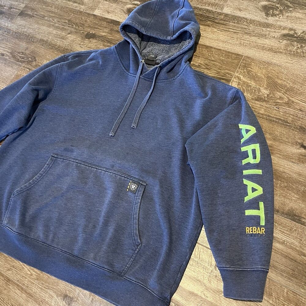 Ariat Rebar Graphic Hoodie Mens 2XL Blue Pullover Work Sweatshirt Logo Sleeve